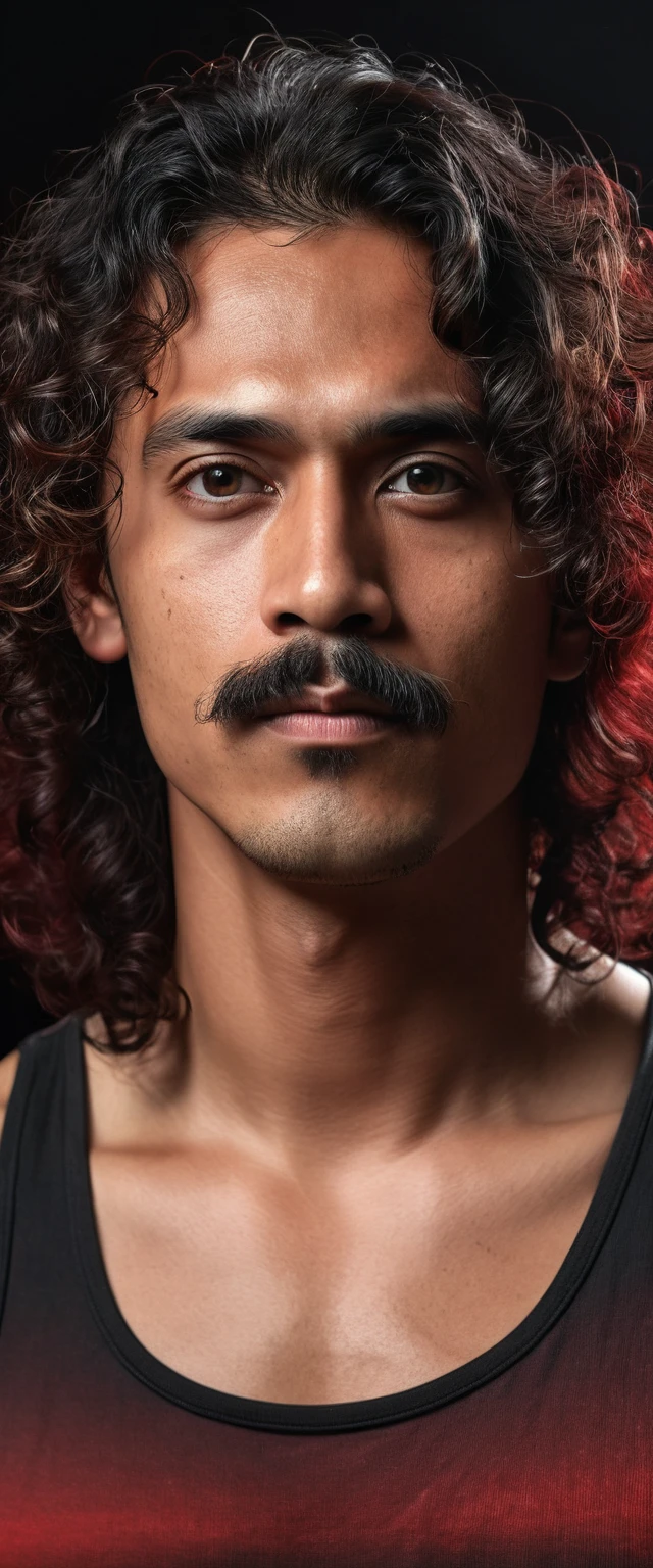hyper realistic image ,ultra detail,Indonesian man,long wavy curly hair that falls to the shoulders,thin mustache,big eyes,wearing a black singlet,half body,face looking focused at camera,black gradient background ,rustic red,smoke effect,ultrahd,image quality,perfect skin,