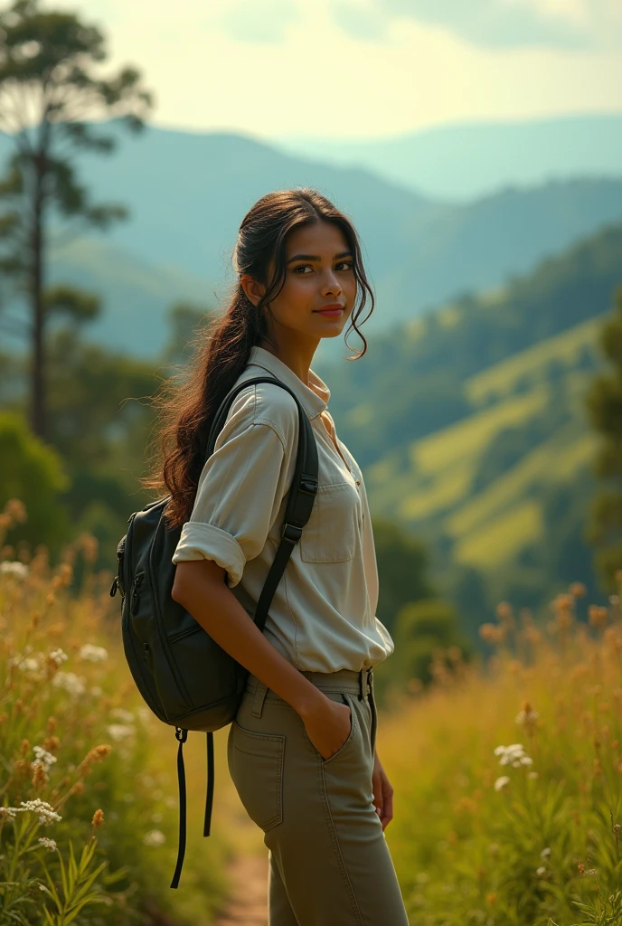 Aaravi exploring a picturesque hill station, with lush green landscapes and scenic views in the background. She’s dressed in casual travel attire, enjoying the serene environment.. detailed face and eyes, high quality, 8k, photorealistic, dramatic lighting, cinematic composition, muted color palette
