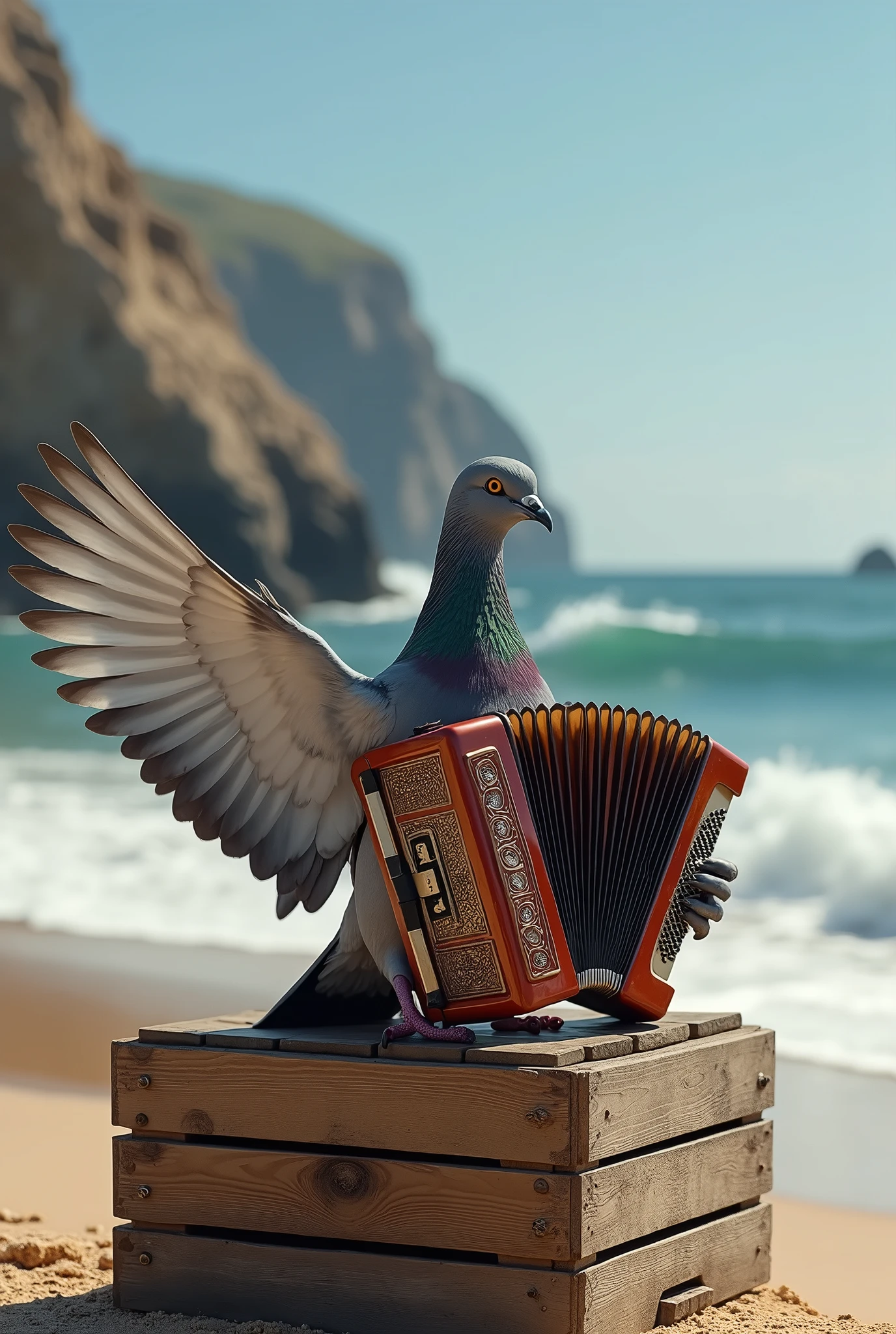 grey pigeon playing the accordion on the seashore, realistic image