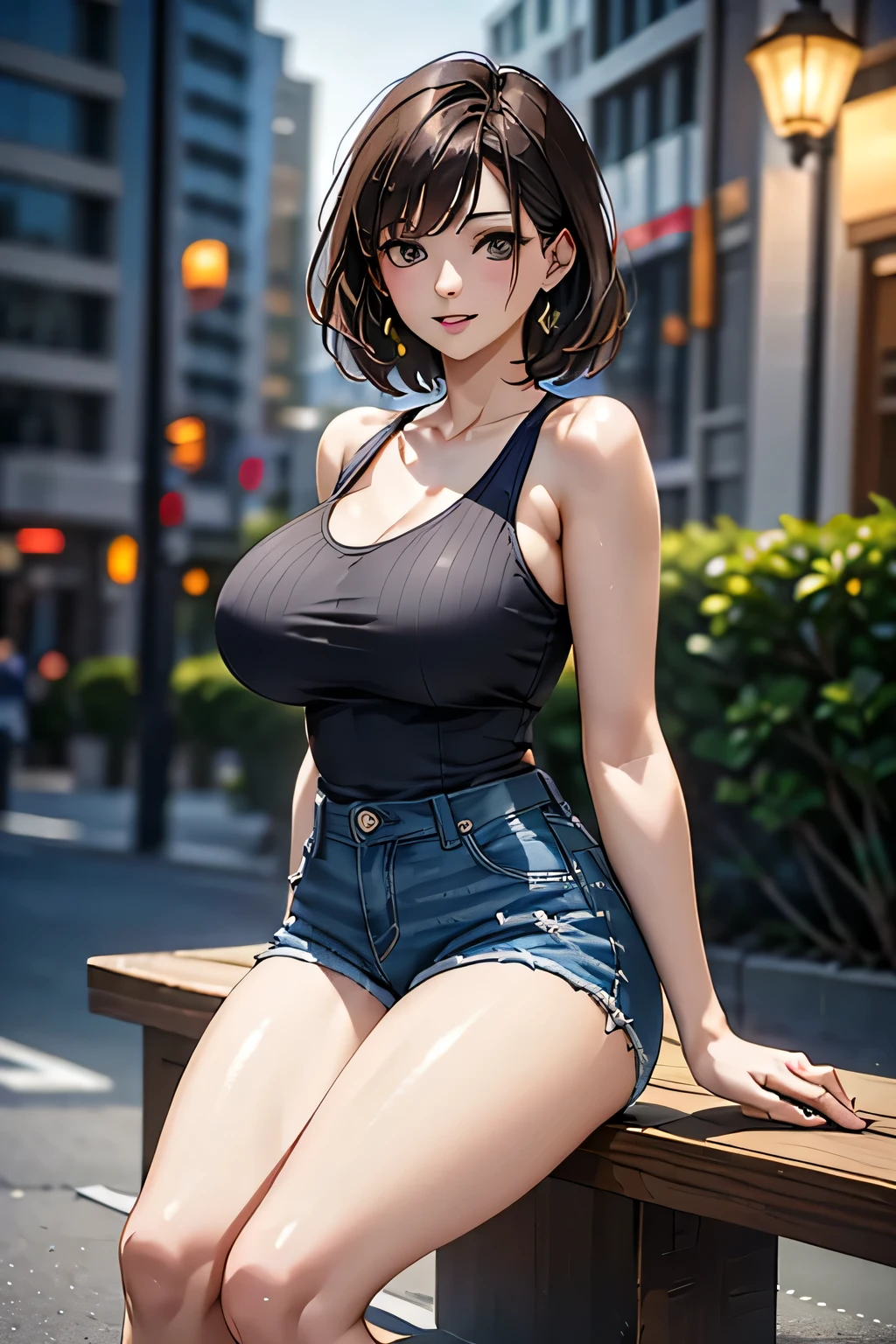 (1 Ultimate Beauty), Very detailedな顔, Beautiful brown eyes, double eyelid, Slightly thick detailed lip, Short black hair, Attractive and sexy, 48 years old, (Tank top, Tight jeans shorts:1.2), Big Breasts, Earrings, (night、Sitting on a bench on a public road), (From head to the hem of the skirt) ,8k, RAW Photos, Highest quality, masterpiece,Highest quality, Perfect lighting, (Realistic:1.4), (Very detailed), (Highest quality), (Best Shadow), (masterpiece), Ultra-high resolution