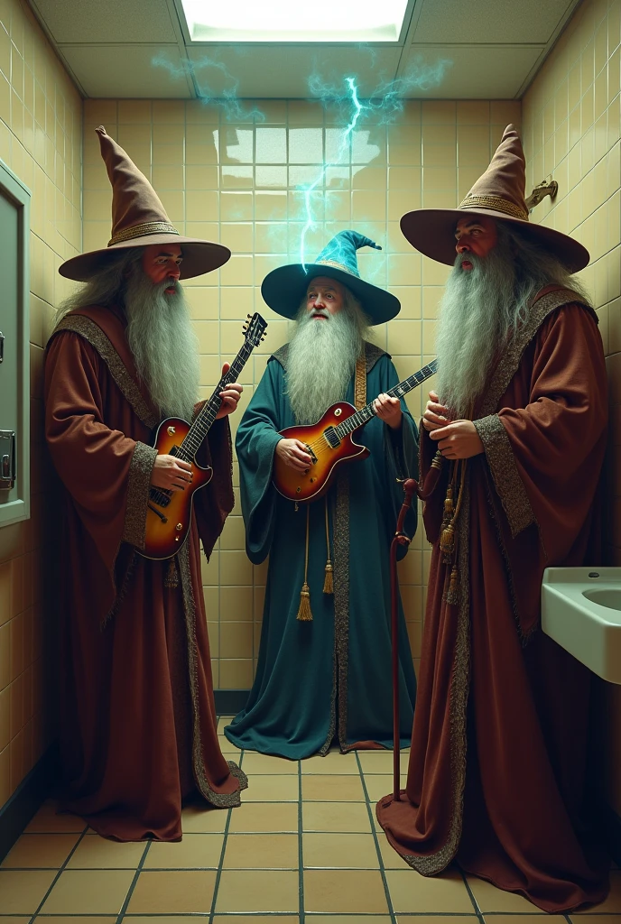 Three medieval wizards playing in a band in McDonald&#39;s bathrooms 