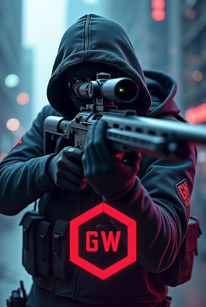 Game profile photo with a sniper character with a sniper rifle and the GW logo in the center of the image with blue purple and black colors 