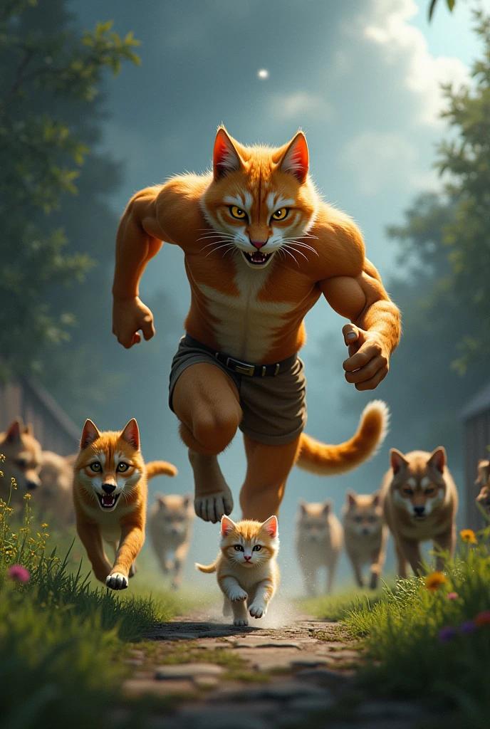 **Whiskers Charging to the Rescue:**
   - **Prompt:** "An action-packed scene of a cat-human hybrid named Whiskers sprinting towards a group of aggressive stray dogs in a garden. Whiskers has the head and tail of a cat but a muscular human body, with fierce, determined eyes. His clawed hands are ready for action as he charges to protect his tiny kitten, Paws, from the surrounding dogs. The garden is partially shadowed by dark clouds, with the tension palpable in the air."