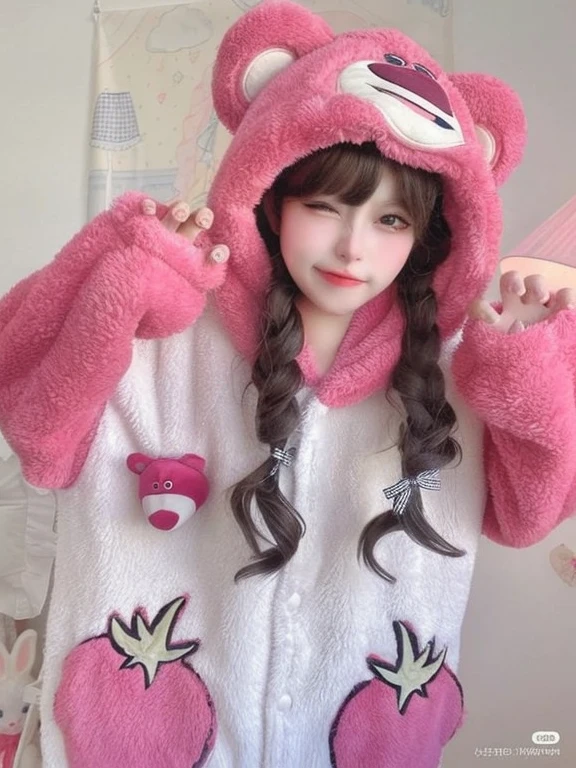 araffe wearing a pink and white teddy bear costume, cute kawaii girl, wearing a pink rabbit costume, kemonomimi, ruan cute vtuber, belle delphine, kawaii style, very very kawaii, cutecore, bunny suit, ulzzang, anime girl cosplay, japanese kawaii style, creepy kawaii, wearing a pink hoodie, anime cosplay