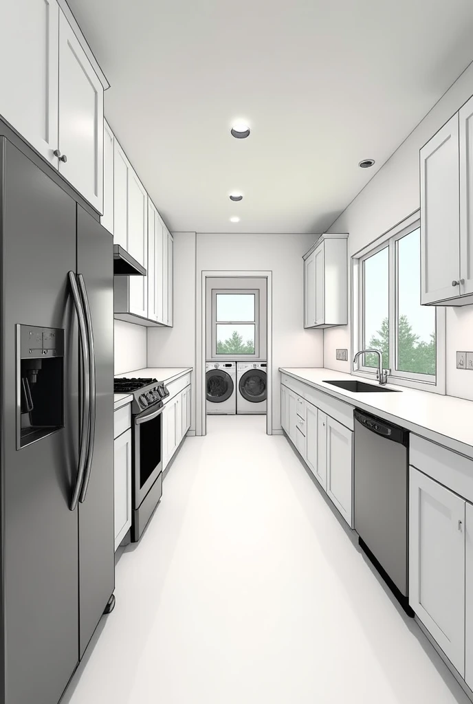 Linear kitchen with refrigerator on the left side at the beginning next to the kitchen, The dishwasher is in front of the kitchen on the right side, next to it there is a bar or breakfast bar. At the end of the right side, the laundry room is in the background and there is a window. 