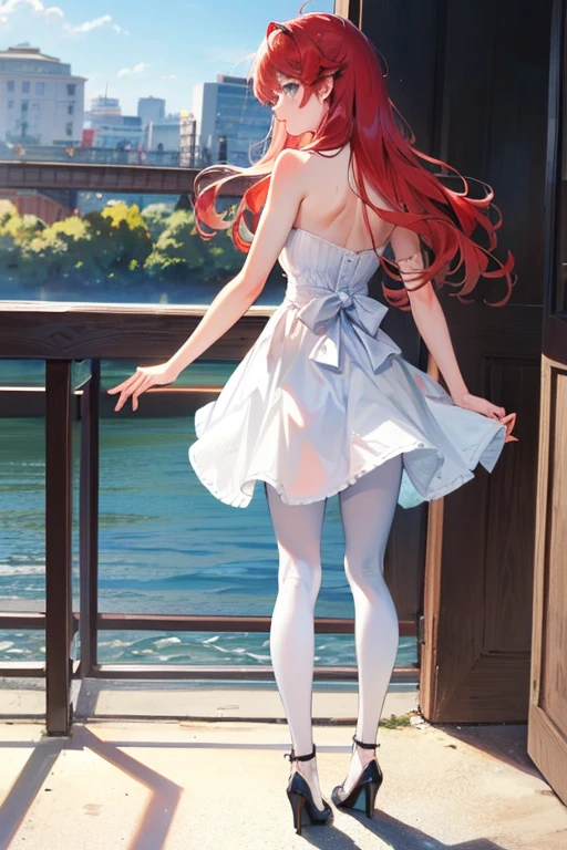 ((Best Quality)), ((masterpiece)), (detailed), 1 girl, with black leggings, white strapless blouse, white heels, long wavy fur, Red hair, blue eyes, ((Whole body)),((view from behind))