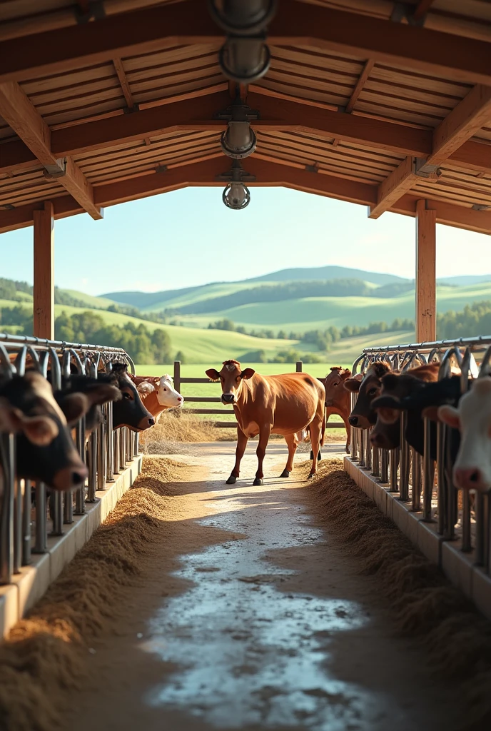 make a picture of a well structured and clean corral with a roof and a bunch of cows and a happy farmer, with mechanized milking, take the farmer out
