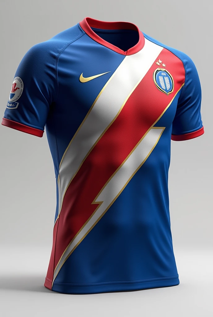 Create another modern professional soccer jersey with blue white red and gold colors