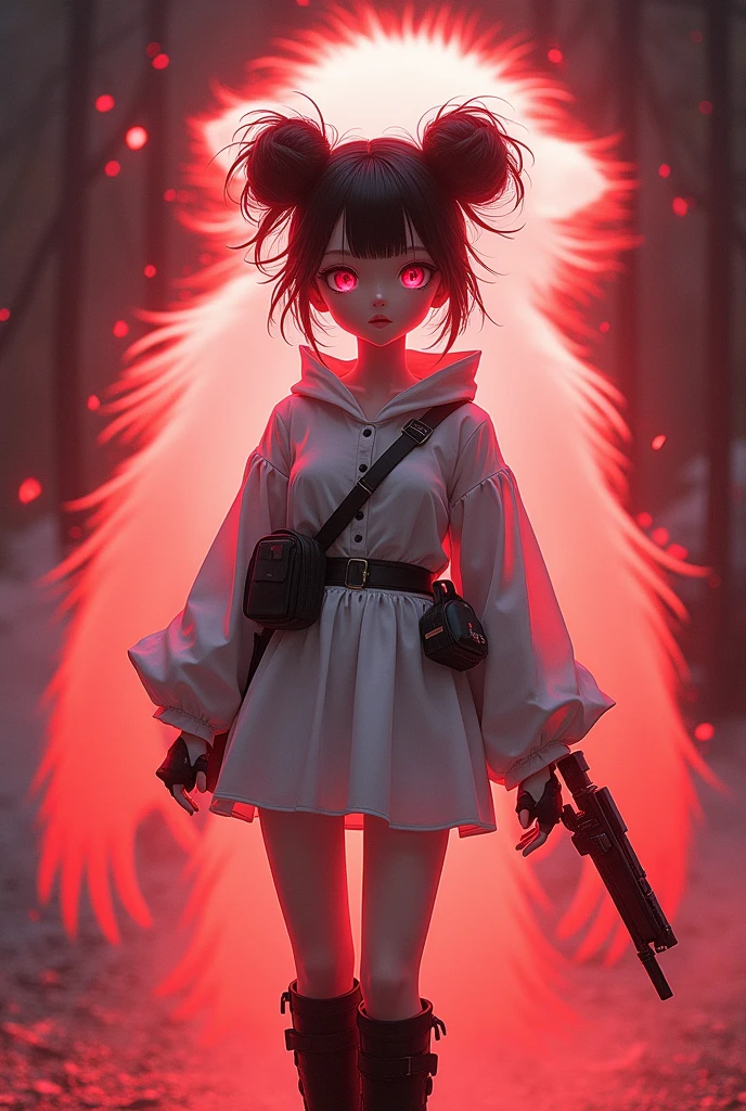 White miniskirt dress with black boots、Full image of a girl in combat gear with pink eyes、Monkey Background、Ghost of a monkeyのオーラが背景、Pink eyes and twin bun hair、A beautiful girl in a white one-piece dress and combat gear is surrounded by a red monkey aura in the background.、Full image of the girl、Smaller breasts、Ghost of a monkey、Ghost of a monkey