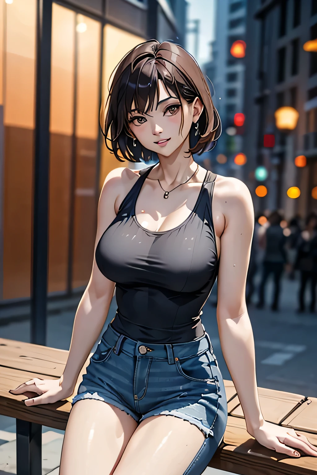 (1 Ultimate Beauty), Very detailedな顔, Beautiful brown eyes, double eyelid, Slightly thick detailed lip, Short black hair, Attractive and sexy, 48 years old, (Tank top, Tight jeans shorts:1.2), Big Breasts, Earrings, (night、Sitting on a bench on a public road), (From head to the hem of the skirt) ,8k, RAW Photos, Highest quality, masterpiece,Highest quality, Perfect lighting, (Realistic:1.4), (Very detailed), (Highest quality), (Best Shadow), (masterpiece), Ultra-high resolution