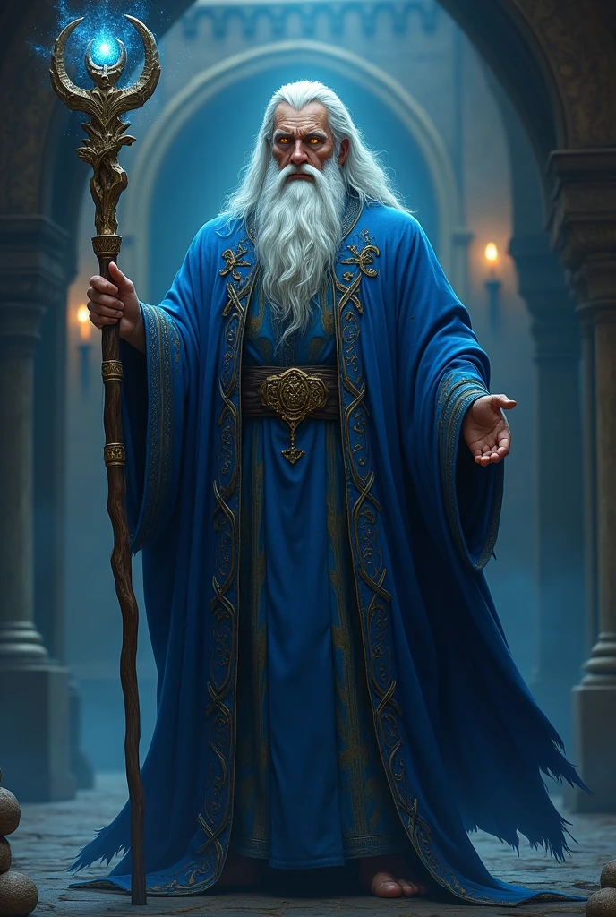 Male wizard in blue robe holding staff, LONG white hair, yellow eyes, Age 30
