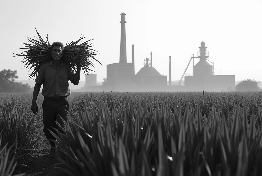 1 farm worker carrying sugarcane, black and white painting, sugarcane plantation, sugar mill, distillery, dramatic contrast, painterly, chiaroscuro, intricate details, realistic, photorealistic, sharply focused, (best quality,4k,8k,highres,masterpiece:1.2),ultra-detailed,(realistic,photorealistic,photo-realistic:1.37),studio lighting,physically-based rendering,extreme detail description,professional