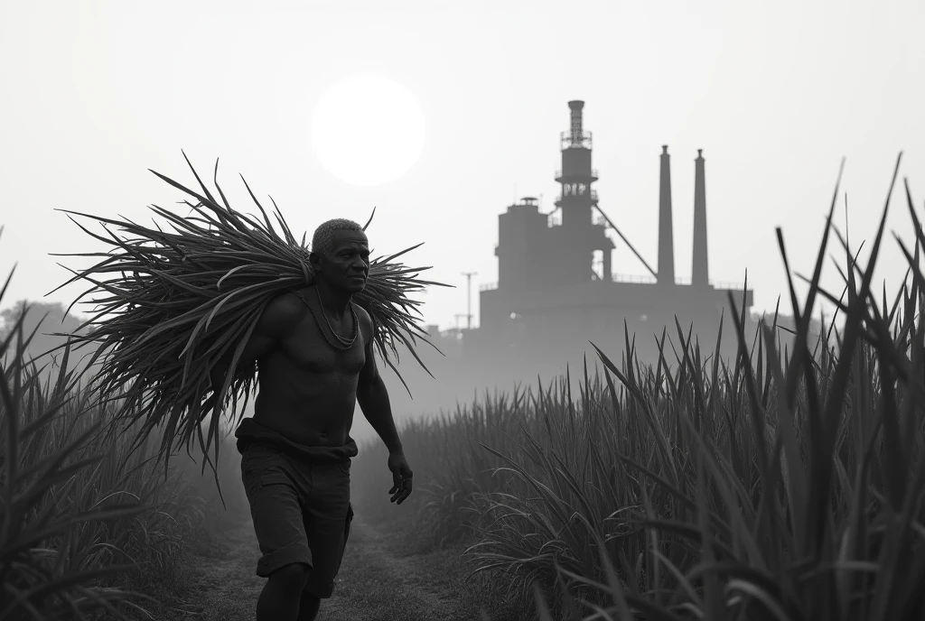 1 farm worker carrying sugarcane, black and white painting, sugarcane plantation, sugar mill, distillery, dramatic contrast, painterly, chiaroscuro, intricate details, realistic, photorealistic, sharply focused, (best quality,4k,8k,highres,masterpiece:1.2),ultra-detailed,(realistic,photorealistic,photo-realistic:1.37),studio lighting,physically-based rendering,extreme detail description,professional