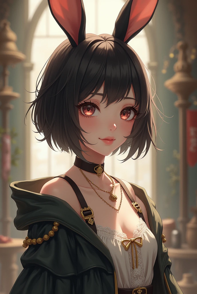 furry,anime girl, coelha, cute girl, human girl, rabbit ears, little red hiding hood, woman ,big boobs, black hair, tall , short hair , arms, antique clothes, short hair Short hair, short hair, little hair