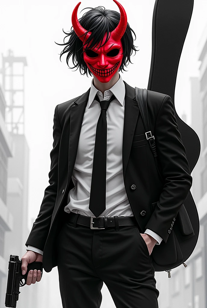 Draw a young man with black hair wearing a white shirt and black dress pants and a black jacket and tie., He carries a gun in one of his hands and wears a red smiling devil mask on his face., Make the drawing in the style of a black and white manga. Put a guitar case hanging on his back
