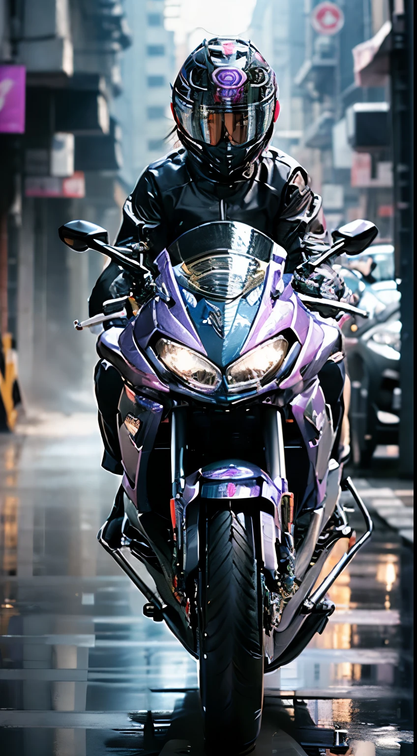 Highest image quality, Excellent details, Ultra-high resolution, (Honesty: 1.4), Best example, Favor the details, Highly concentrated 1girl, Beautiful face, Wearing purple and silver mecha, Wearing a mecha helmet, Hold the directional controller, Riding a motorcycle, The background is a high-tech lighting scene of a future city.Motion Blur