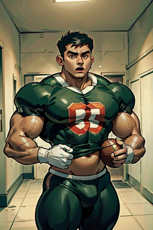 Danny Phantom, ghost, hypnosis, jock, conversion, locker room hallway, hyper muscles, jockstrap, bro, meathead, hypnotized, brainwashed, brainwashing, big dumb jock, football. Danny Fenton is hypnotized by Dash to assimilate and become another dumb cocky smirking fitness-obsessed bodybuilder football jock bro. Glowing green eyes. Hyper crotch bulge. Massive bulging crotch. Big balls. Big biceps. Big triceps. Big traps. Broad shoulders. Big meaty pecs. Big thighs. Thick glutes. Football team assimilation. Black hair. Deep dull voice. glazed expression. dumber and dumber. Open mouth. Clothes turning into a football uniform. Forgetting. Number 16 on his football uniform. IQ drain. Mindless. Brainless. Brute. Brutification. "I feel like I ... I ... I'm a ... I'm a .... Yes, ... just a meathead jock.... just muscle ... and meat.... Bro.... I am a meathead.... I am a bro.... I am a jock.... I am a meathead.... I am a bro.... I am a jock.... Anything you say, Dash.... Obey ... the QB.... I am a jock. I am a meathead.... I obey ... my QB. Big meat. Dumb bro. Jock meat ... must grow.... Run fast.... Think ... slow...."