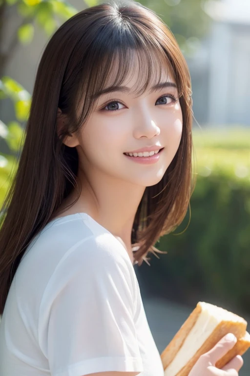 dress、(Photorealistic:1.4)、(hyper Realistic:1.4)、(Realistic:1.3)、(Smooth lighting:1.05)、(映画の照明Improvement of quality:0.9)、32K、One Girl、20-year-old girl、Realistic lighting、Backlight、Facial Light、Ray-tracing、(Bright light:1.2)、(Improvement of quality:1.4)、(Highest Quality Real Texture Skins:1.4)、Finely grained、Detailed painted face、Quality Eyes、(tired, Sleepy and satisfied:0.0)、 White T-shirt、(Enhance the mood of your body line:1.1)、(Enhances the beauty of skin texture:1.1)、((My Imada))、Specific Background、Medium length hair with even shape on both sides、smile、I have bread