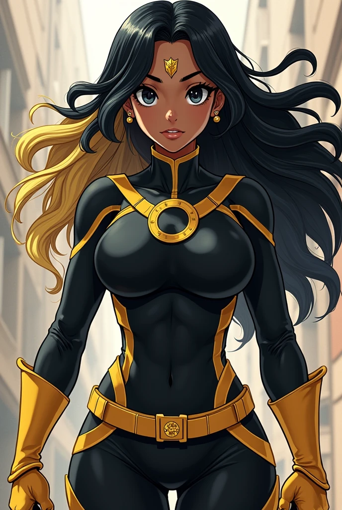 Make a character with the boku no hero academia female uniform,dark-skinned,with wavy black hair with long blonde strands (longer than the rest of the hair),black eyes,with good physique,with a winged mole on the nose,and a scar on the left side of the forehead