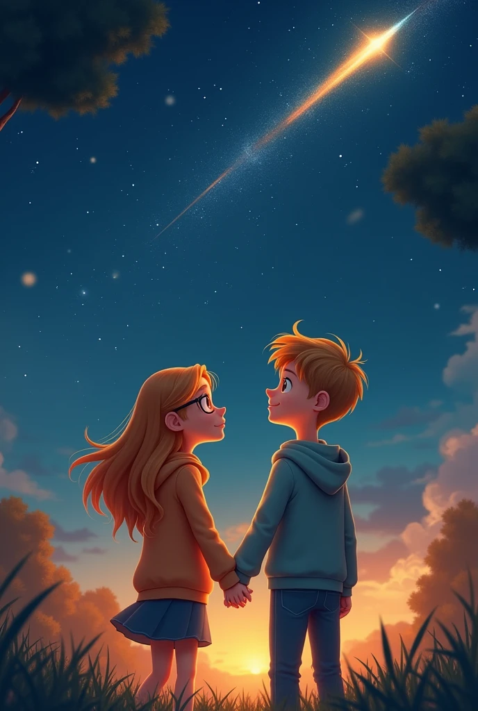 a couple the woman with long honey colored hair WITH GLASSES and the man with light hair holding hands with sweatshirts camping watching a shooting star at night animated