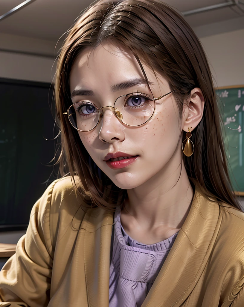 1 girl, 24 years old, japanese, 4K, masterpiece, realistic, shiny skin, texturized skin, long whavy brown hair with bangs, purple eyes, purple eyeliners, shining red lips, freckles, very large breasts, golden necklase, golden earings, big round glasses, unbottoned school uniform, boob tent, smile, closed mouth, on a desk, bright colors, in a classroom, close up, face focus.
