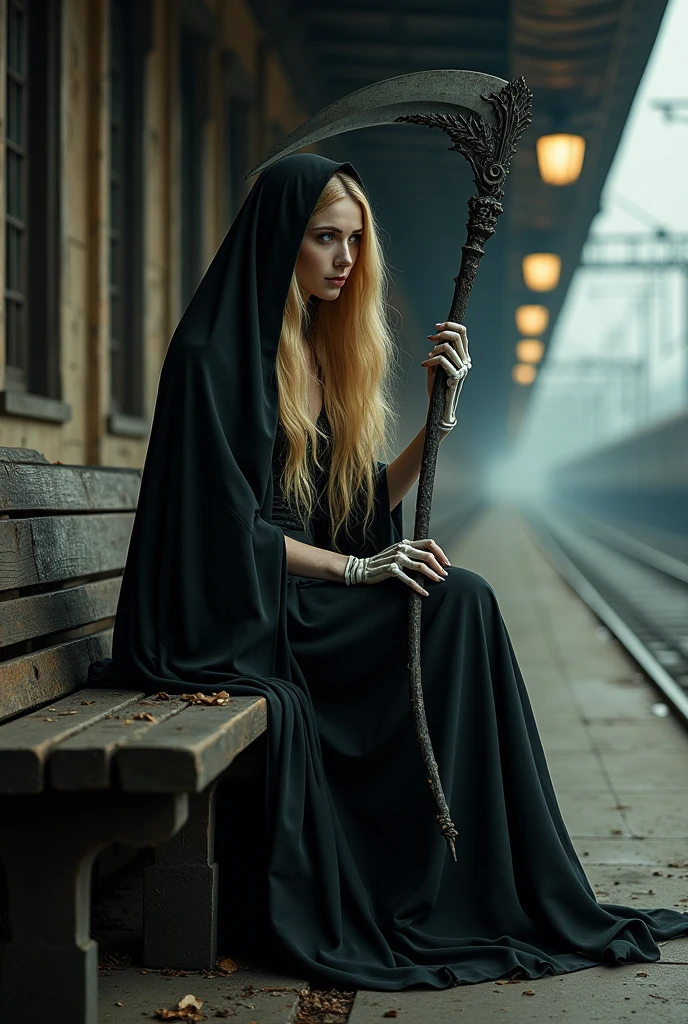 The angel of death with scythe as a beautiful blonde woman and bone hand dressed in black with veil sitting at a train station