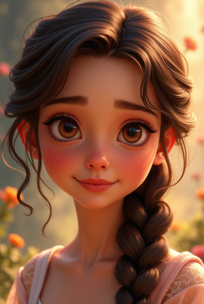 Disney Pixar style portrait, Brunette with braided hair and brown eyes