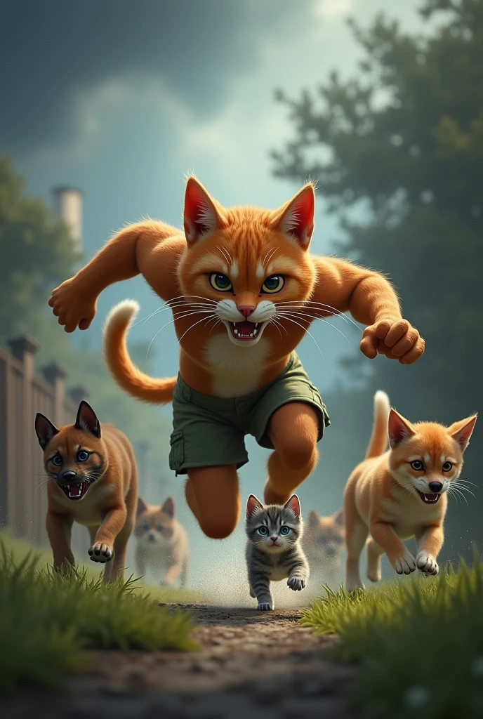 **Whiskers Charging to the Rescue:**
- **Prompt:** "An action-packed scene of a cat-human hybrid named Whiskers sprinting towards a group of aggressive stray dogs in a garden. Whiskers has the head and tail of a cat but a muscular human body, with fierce, determined eyes. His clawed hands are ready for action as he charges to protect his tiny kitten, Paws, from the surrounding dogs. The garden is partially shadowed by dark clouds, with the tension palpable in the air."