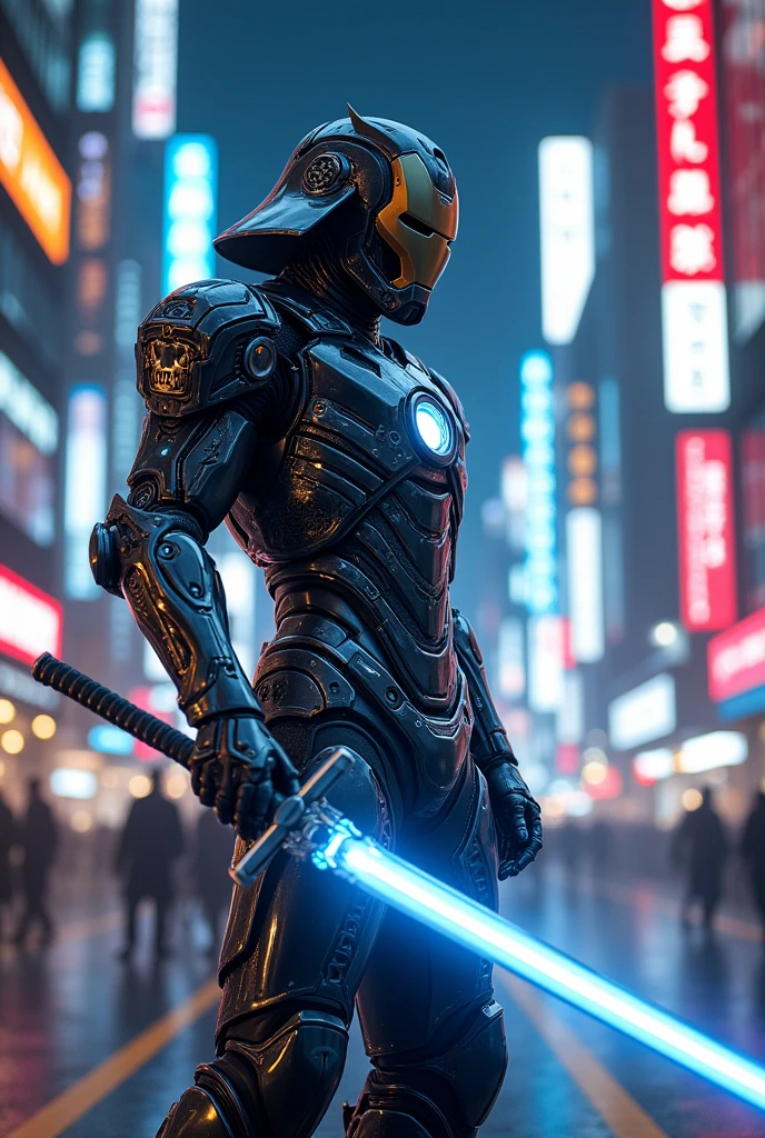 Shiny samurai iron man, modern tokyo, energy sword glowing blue