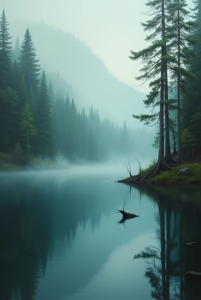 Painting of a lake surrounded by dense forest, fog, tree trunk submerged in the lake