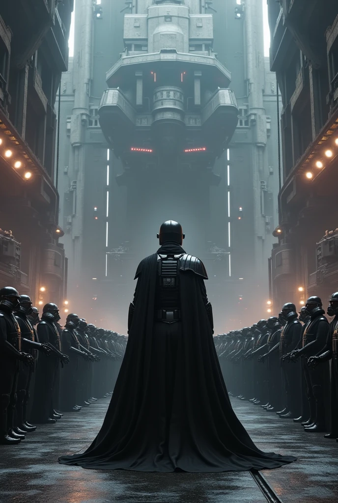 leader in biomechanical suit talking to his horde of black-clad soldiers in a huge Star Wars-style base
