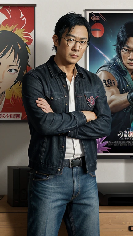 front view, full-body, standing pose, solo, 1 man ,Japanese man, code name L, staff of M , 30 age-old, (black hair, black eyeglass, serious),middle body, lough style fission, (a colorful  aloha shit: 1.3), denim breech, sandal, ((Japanese anime character , computer , monitor, on desk)) , ((007 series poster and mission possible series poster put wall)), noon, (super detail, high details, high quality, accurate, anatomically correct, textured skin, beautiful fingers super detail, high details, high quality, best quality)