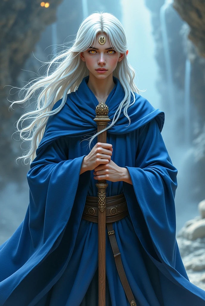 Male wizard in blue robe holding staff, LONG white hair, yellow eyes, age 20 years