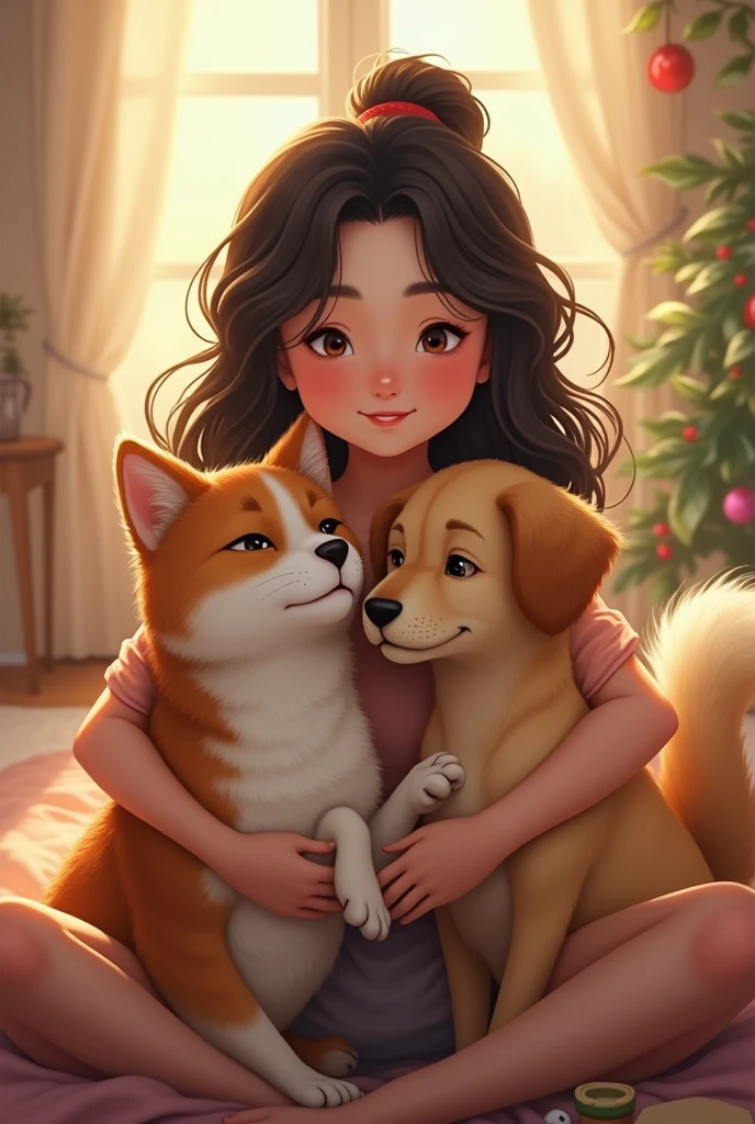 Woman hugging cat and dog