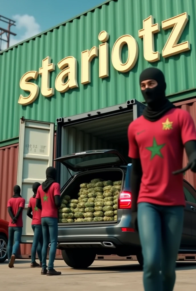 An animated image where a container full of packaged weed is being unloaded in a container port by several people and all people are wearing a Moroccan jersey and are fully masked and the weed is being loaded into the trunk of a Mercedes SUV and at the top of the image the name „STARIOTZ“ is written in large letters