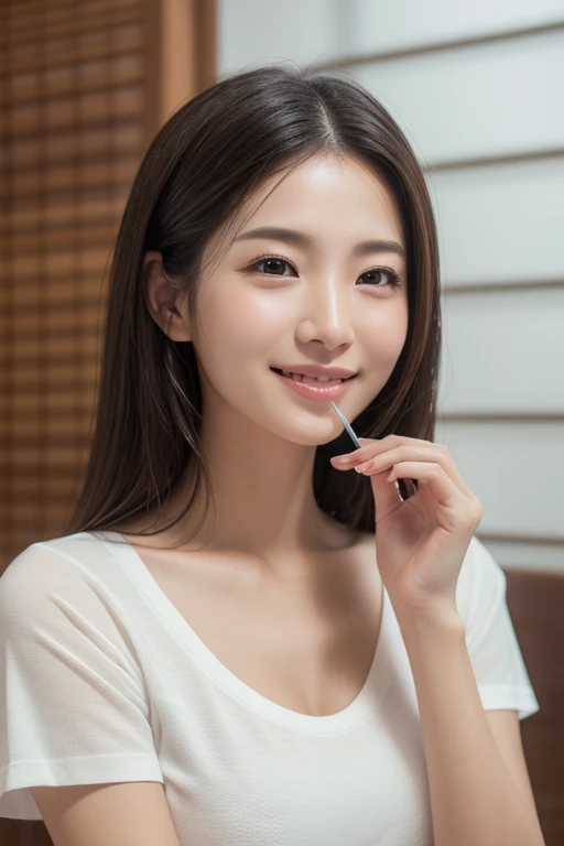dress、(Photorealistic:1.4)、(hyper Realistic:1.4)、(Realistic:1.3)、(Smooth lighting:1.05)、(映画の照明Improvement of quality:0.9)、32K、One Girl、20-year-old girl、Realistic lighting、Backlight、Facial Light、Ray-tracing、(Bright light:1.2)、(Improvement of quality:1.4)、(Highest Quality Real Texture Skins:1.4)、Finely grained、Detailed painted face、Quality Eyes、(tired, Sleepy and satisfied:0.0)、 White T-shirt、(Enhance the mood of your body line:1.1)、(Enhances the beauty of skin texture:1.1)、((My Imada))、Specific Background、Medium length hair with even shape on both sides、smile、I am eating rice.