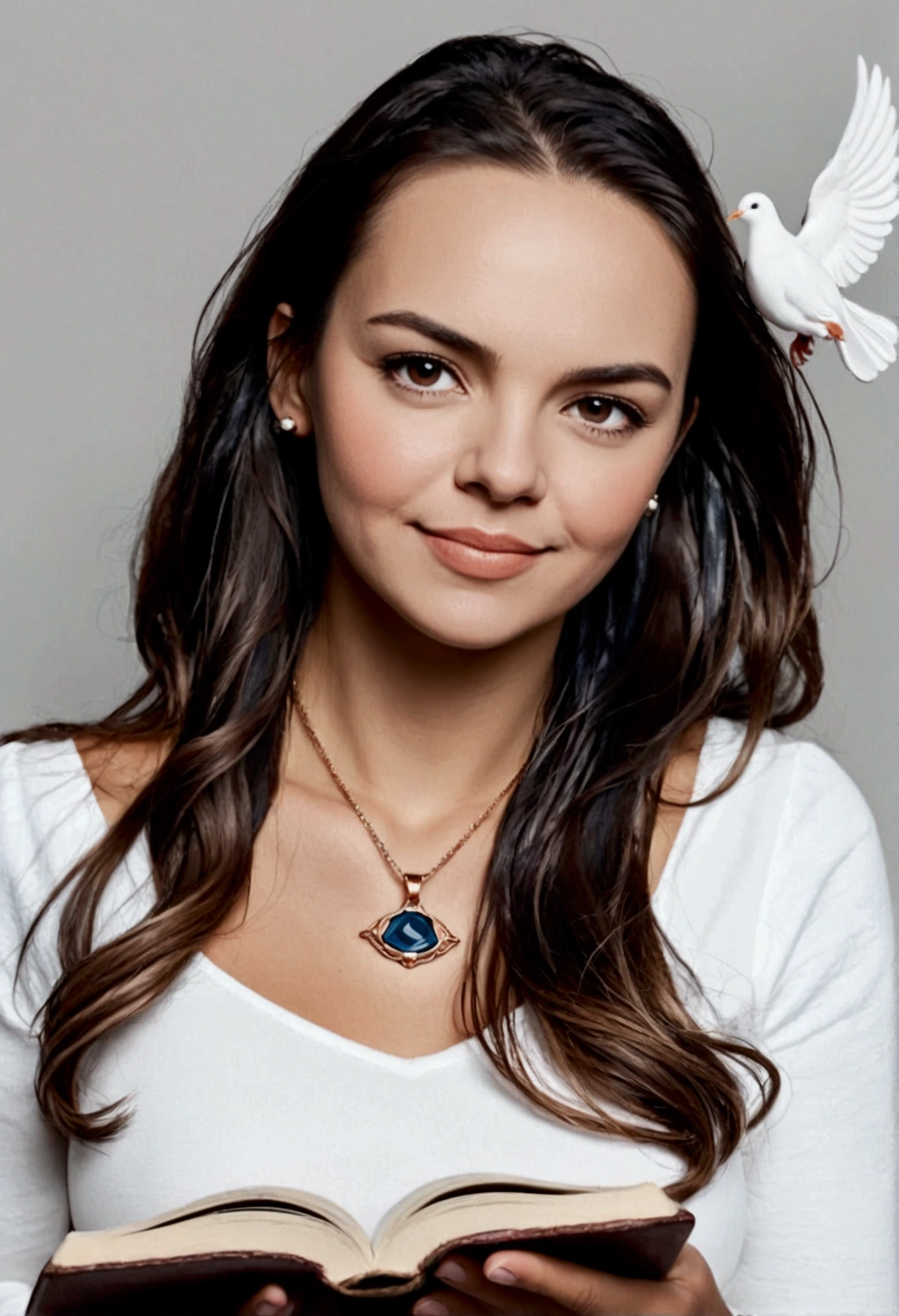 Put her in heaven, sitting on the clouds, with white doves and angels flying through the sky, your eye-shaped neck pendant is important. And may she be holding the holy bible.