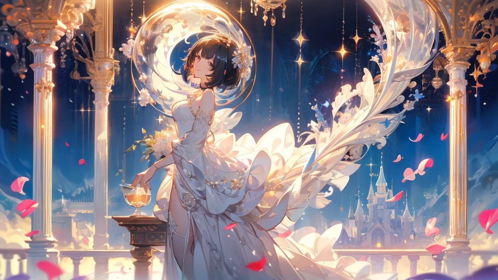masterpiece,best quality,Idol singer,Castle in the Sky,Genting,sunglasses,Pure white background,Delicate face,Handsome short hair,Smile,whole body,Perfect body proportions,Sparkling eyes,Flower petals rain,Sexy,transparent,High heel,Fishnet stockings,Star decoration