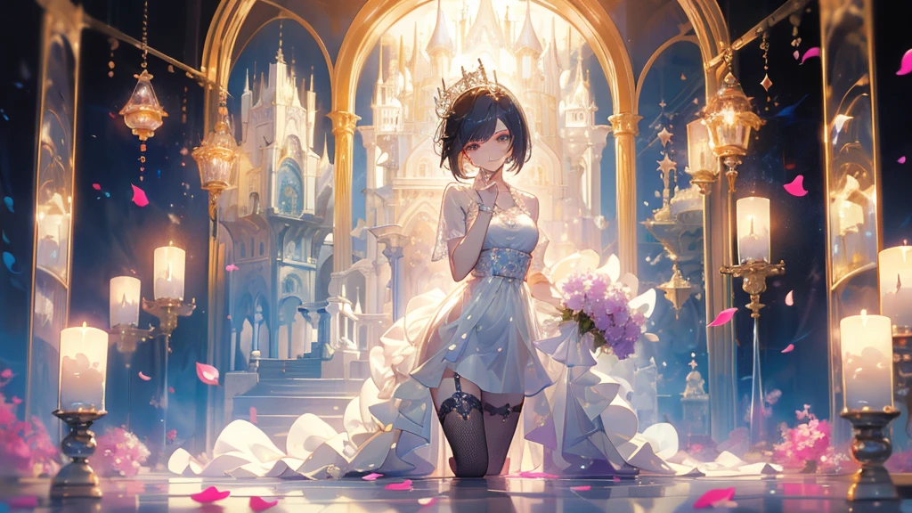 masterpiece，best quality，Idol singer，Castle in the Sky，Genting，sunglasses，Pure white background，Delicate face，Handsome short hair，Smile，whole body，Perfect body proportions，Sparkling eyes，Flower petals rain，Sexy，transparent，High heel，Fishnet stockings，Star decoration
