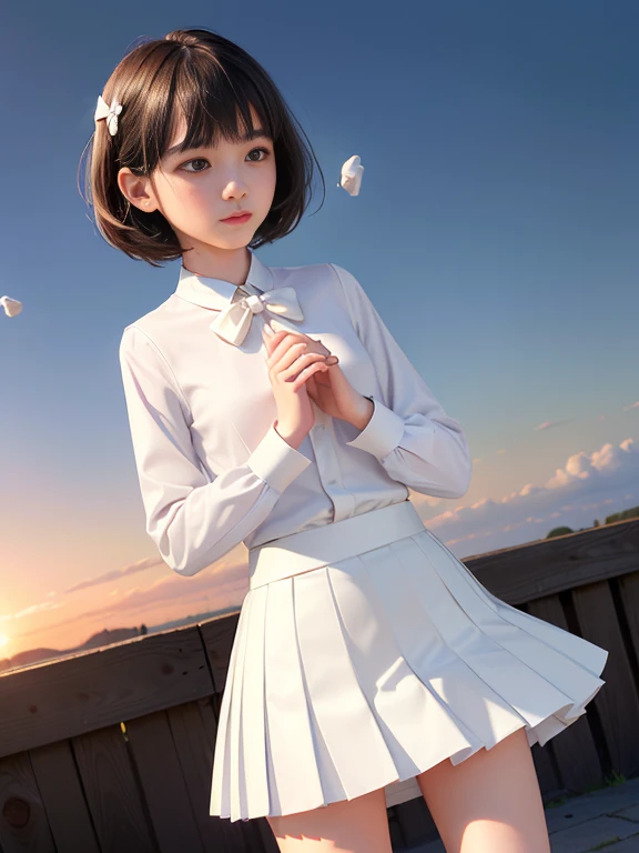(masterpiece、Highest quality:1.7)、(11 years old:1.5)、(Above the knee shot:1.5)、Bobcut、Black Hair、85mm、16K、Official Art、RAW Photos、Best Beautiful Faces、Close-up、Violet、Gardenia、((The best beautiful girl、very cute))、Red blush on cheeks、(indoor)、(Are standing:1.8)、Film Grain、Chromatic Aberration、Sharp Focus、(((Nice hands、Perfect hands、Perfect Fingers、Thin and delicate fingers、A perfect body without flaws)))、Detailed face、(Slender body:1.5)、(Slender body:1.4)、(Slim upper body:1.4)、(Small and flat bust:1.7)、(Let your bangs hang down:1.8)、(Blushing:1.8)、(Low contrast lighting:1.2)、(White tight business blouse with collar:1.5)、(White bow tie blouse:1.4)、(Long sleeve: 1.3)、(A short white pleated mini skirt:1.8),(Holding his chest with his palm:1.5)、(Low angle from below:1.4),(The wind is blowing up her skirt:1.8)