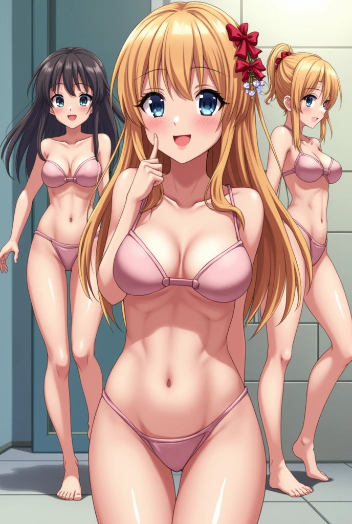  in an anime style, Three Japanese teenagers, with blonde hair, blue eyes, excessively large breasts, diamond bikini, diamond fins, Red lips, bare breasts, big nipples, small waist, a tattoo that says Alejandro, big hips, strong abs, excessively thin, She showed off her big butts to pose for a photo in the classroom 