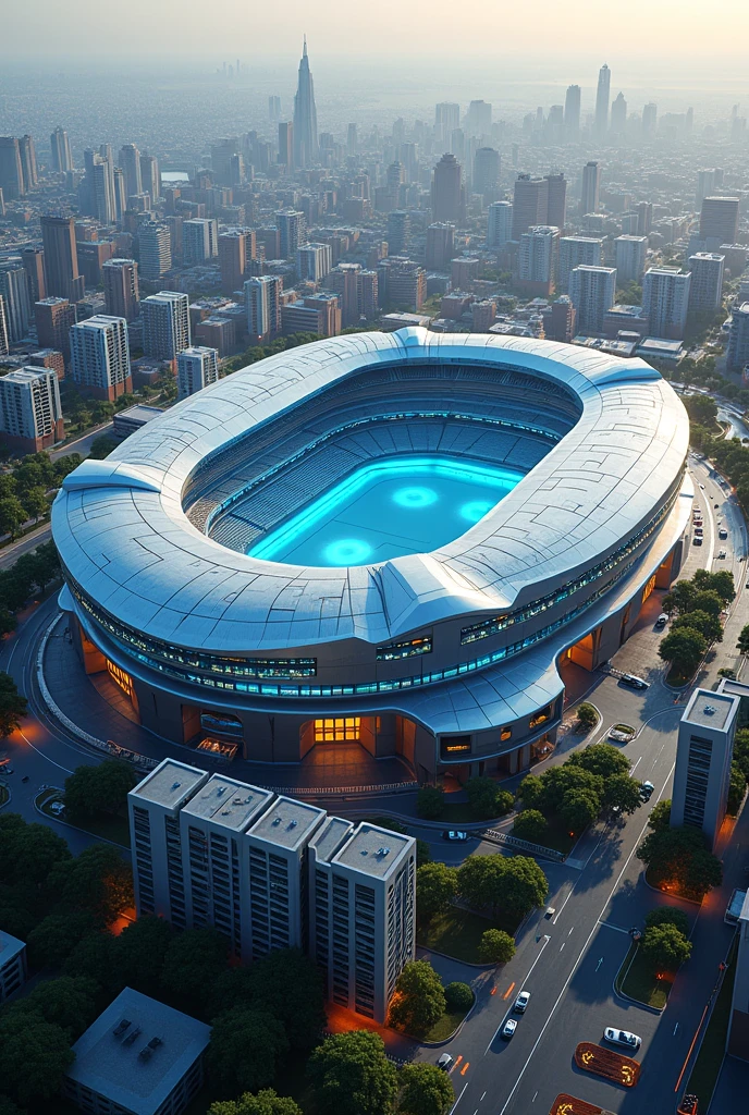 Make me a remodeled stadium of Atlas and make it futuristic with houses around it