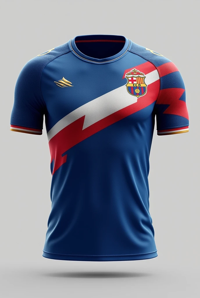 Create another modern professional soccer jersey with blue white red and gold colors