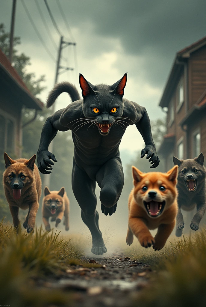 **Whiskers Charging to the Rescue:**
- **Prompt:** "An action-packed scene of a cat-human hybrid named Whiskers sprinting towards a group of aggressive stray dogs in a garden. Whiskers has the head and tail of a cat but a muscular human body, with fierce, determined eyes. His clawed hands are ready for action as he charges to protect his tiny kitten, Paws, from the surrounding dogs. The garden is partially shadowed by dark clouds, with the tension palpable in the air."