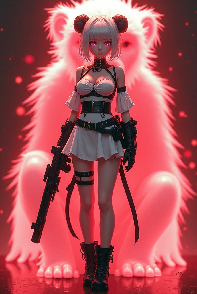 White miniskirt dress with black boots、Full image of a girl in combat gear with pink eyes、Monkey Background、Ghost of a monkeyのオーラが背景、Pink eyes and twin bun hair、A beautiful girl in a white one-piece dress and combat gear is surrounded by a red monkey aura in the background.、Full image of the girl、Smaller breasts、Ghost of a monkey、Ghost of a monkey