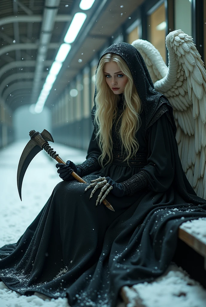 Angel of death with scythe as a beautiful blonde woman and bone hand dressed in black with veil sitting in a snowy train station