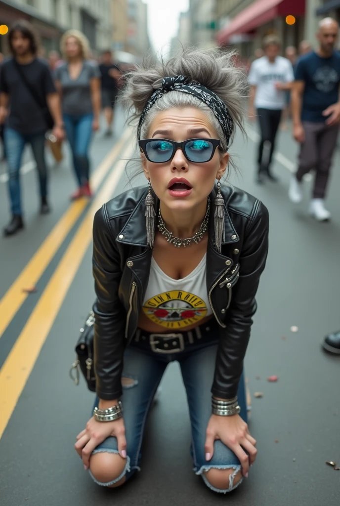 russian milf woman, grey hair (huge top bun) and bandana as headband (big maxi glasses), with very light blue eyes, extremely pale. Wearing cropped black moto jacket with lots of zippers and pins, raggy cropped t-shirt with guns and roses logo, dark skinny blue jeans with holes and white tennis sneakers . Lots of metallic bracelets and collars. Tacky wide leather belt with oversized buckle. Long earrings. Kneeling like in a payer, a little bent, looking up, eyes and mouth wide open in amazement. Hands on her knees. Listening in amazement to somebody speaking to her, toned six pack abdominals, thin legs and thin arms. A lot of people around. Black leather studded bag next to her, her belongings scattered around