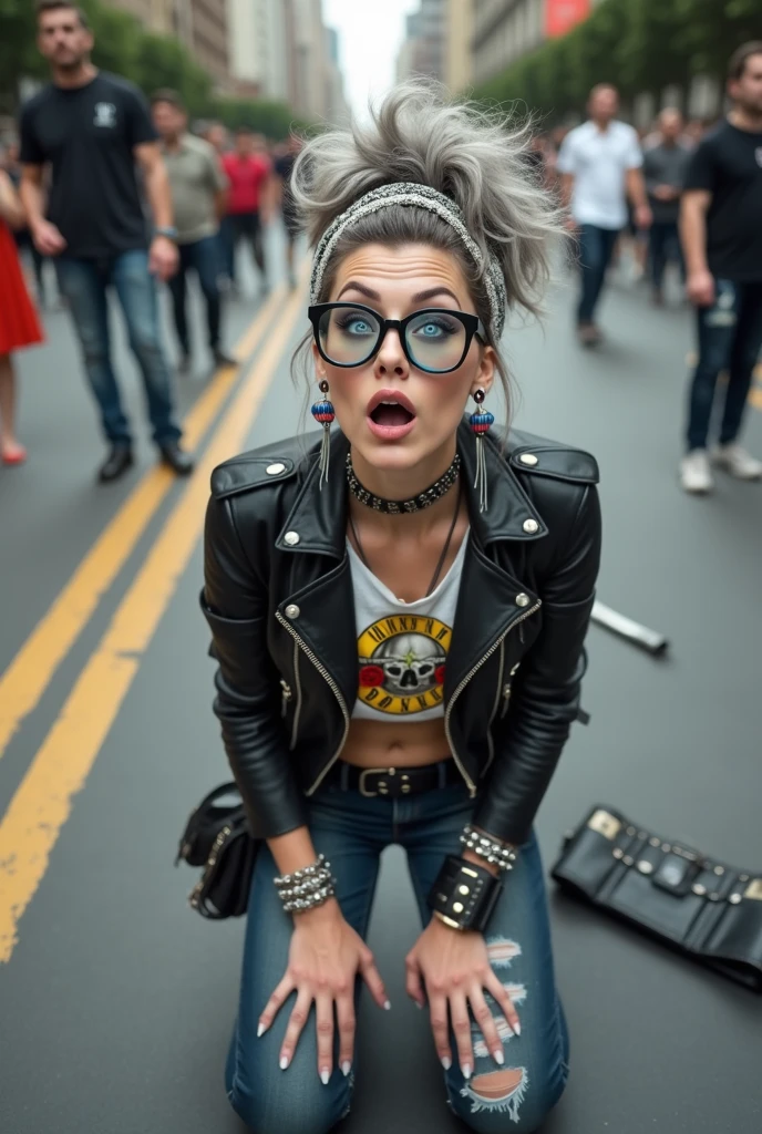 russian milf woman, grey hair (huge top bun) and bandana as headband (big maxi glasses), with very light blue eyes, extremely pale. Wearing cropped black moto jacket with lots of zippers and pins, raggy cropped t-shirt with guns and roses logo, dark skinny blue jeans with holes and white tennis sneakers  . Lots of metallic bracelets and collars. Tacky wide leather belt with oversized buckle. Long earrings. Kneeling like in a payer, a little bent, looking up, eyes and mouth wide open in amazement. Hands on her knees. Listening in amazement to somebody speaking to her, toned six pack abdominals, thin legs and thin arms. A lot of people around. Black leather studded bag next to her, her belongings scattered around 