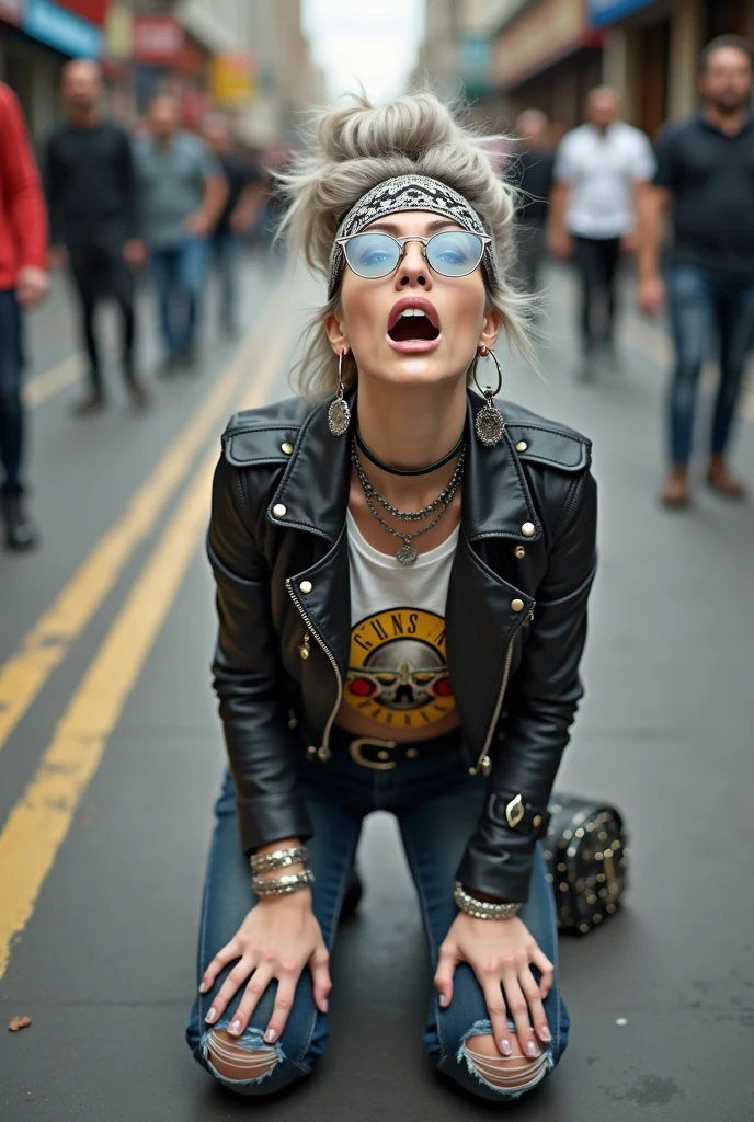 russian milf woman, grey hair (huge top bun) and bandana as headband (big maxi glasses), with very light blue eyes, extremely pale. Wearing cropped black moto jacket with lots of zippers and pins, raggy cropped t-shirt with guns and roses logo, dark skinny blue jeans with holes and white tennis sneakers  . Lots of metallic bracelets and collars. Tacky wide leather belt with oversized buckle. Long earrings. Kneeling like in a payer, a little bent, looking up, eyes and mouth wide open in amazement. Hands on her knees. Listening in amazement to somebody speaking to her, toned six pack abdominals, thin legs and thin arms. A lot of people around. Black leather studded bag next to her, her belongings scattered around 