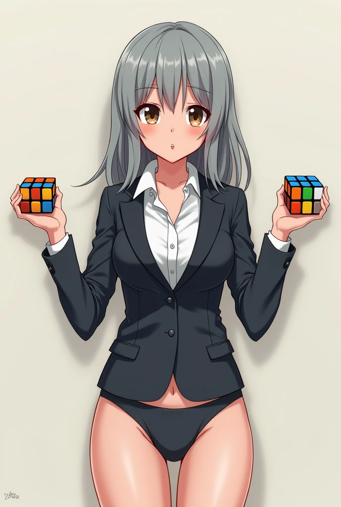 Semi-realistic art style. Face is cartoony. Face is low-detailed. Woman with a suit. She is in her grey panties. Bangs cover her forehead. Her hair is grey. She holds two Rubik’s cubes, one on each hand.